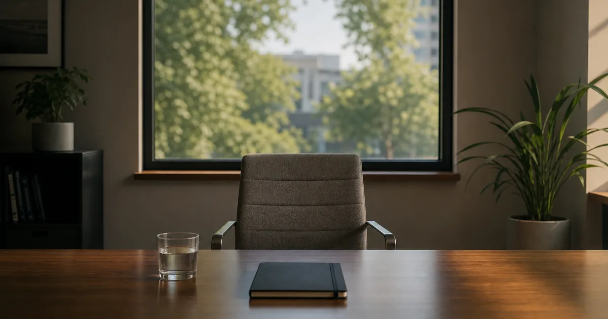 A calm interview room with a single empty chair facing a window, a notebook and water glass on the table, reassuring light
