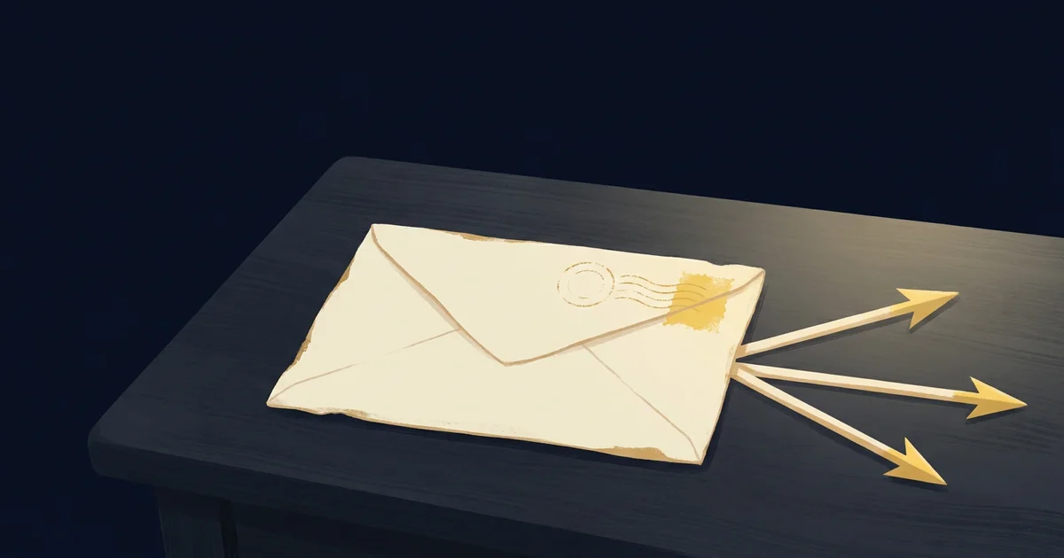 A single envelope on a dark wooden desk with a faint stamp imprint, beside three small diverging arrows leading away to the right.